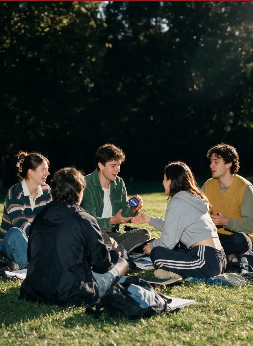 Friends sitting on the grass in a park, passing around a can of WAVE