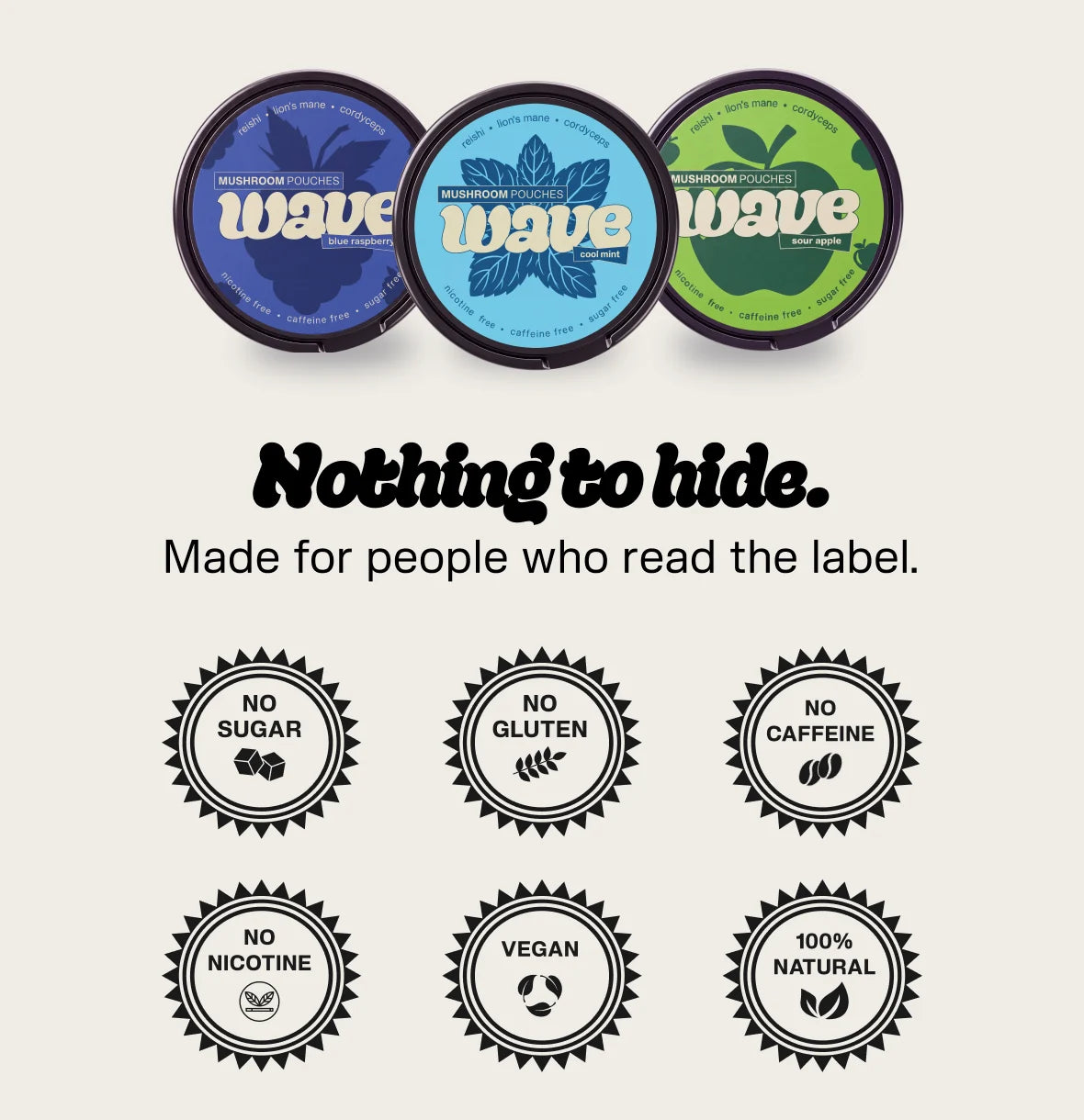 WAVE, rien à cacher : sans sucres, sans gluten, sans caféine, sans nicotine, végan, 100 % naturel