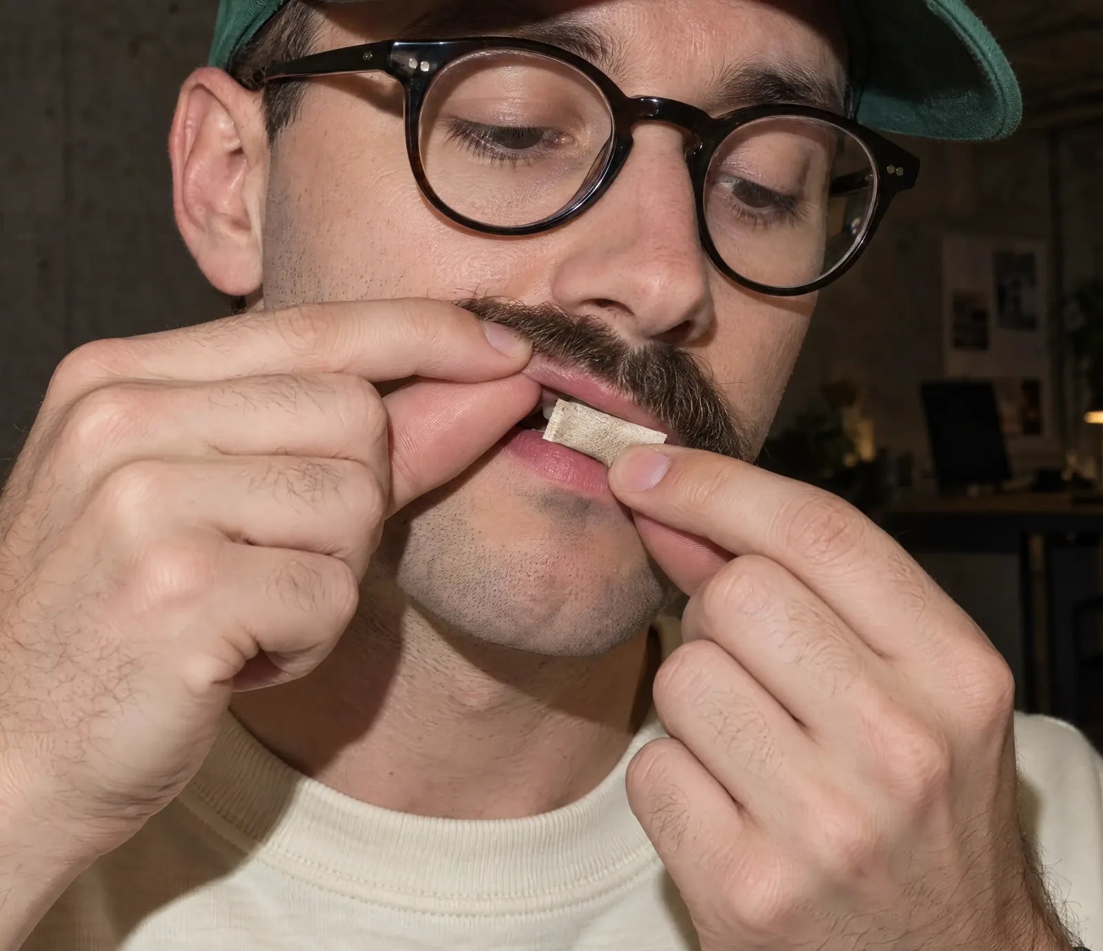 Un homme aux lunettes rondes place un pouch WAVE sous sa lèvre